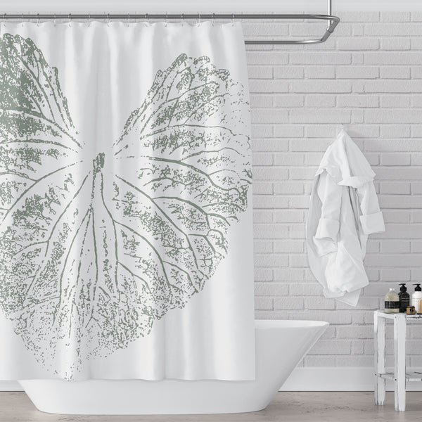 Minimalist Single Green Leaf on White Shower Curtain