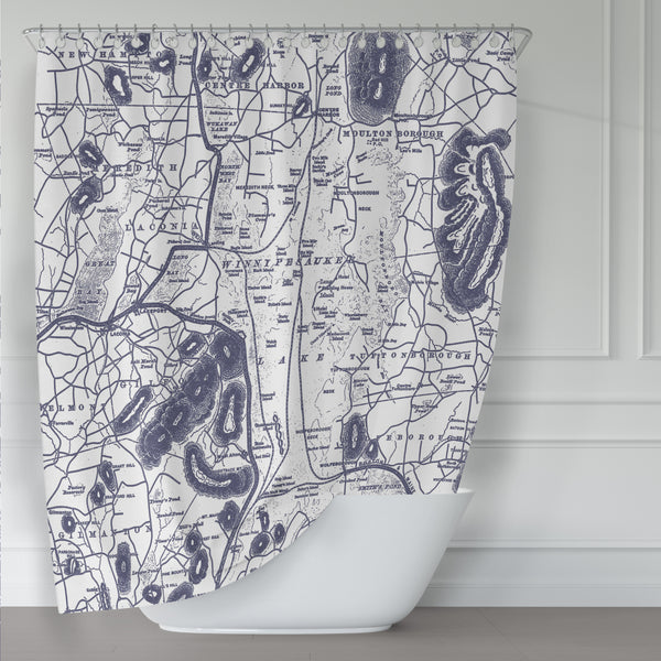 Vintage Lake Winnipesaukee New Hampshire Map Navy Blue and White Shower Curtain