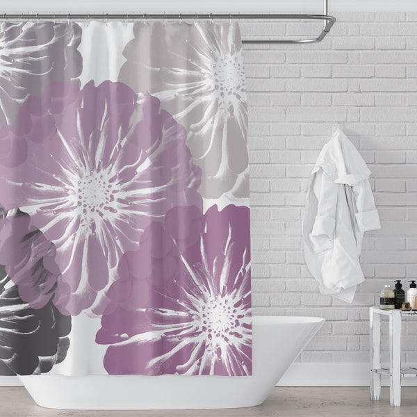 Pink and Gray Zinnia Giant Flowers Shower Curtain Modern Art Print on White