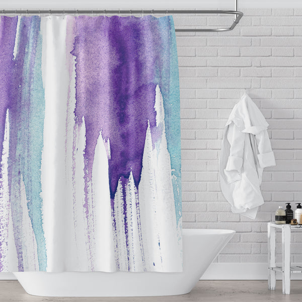 Magenta Purple and Sky Blue on White Watercolor Giant Drip Art Shower Curtain