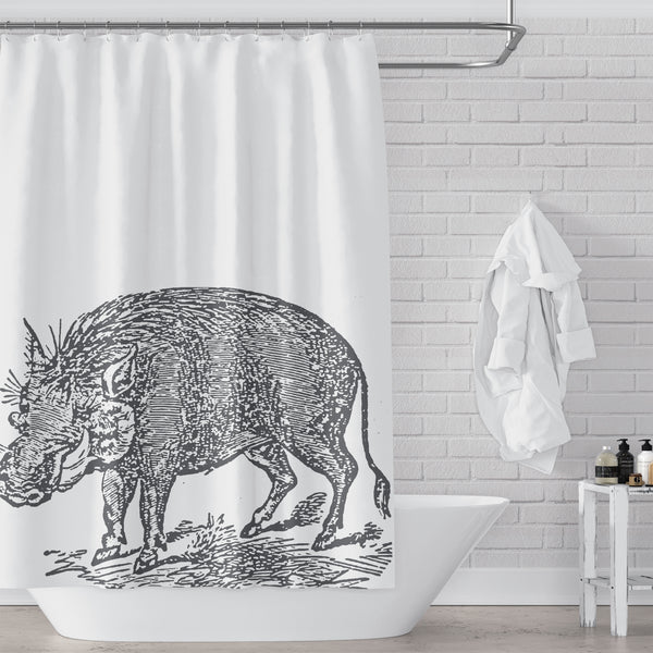 Warthog Shower Curtain Charcoal Gray Illustration on White Fabric