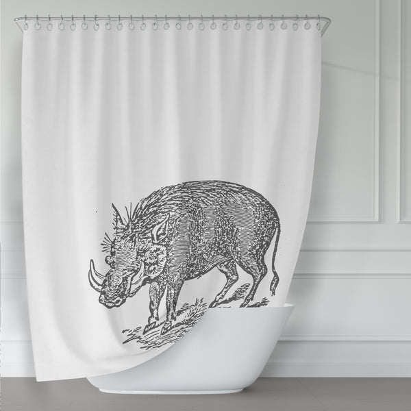 Warthog Shower Curtain Charcoal Gray Illustration on White Fabric