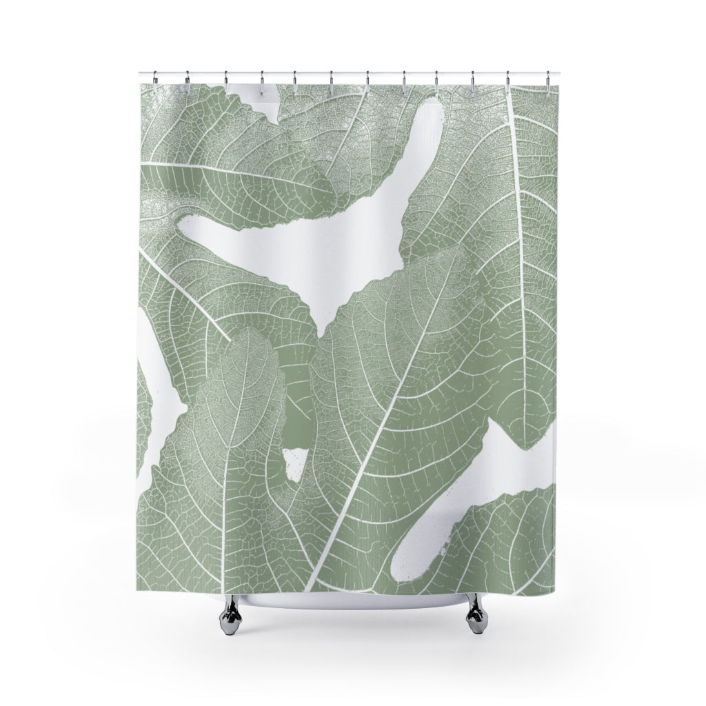 Tuscan Fig Leaves Botanical Shower Curtain, Olive Green & White - Metro Shower Curtains