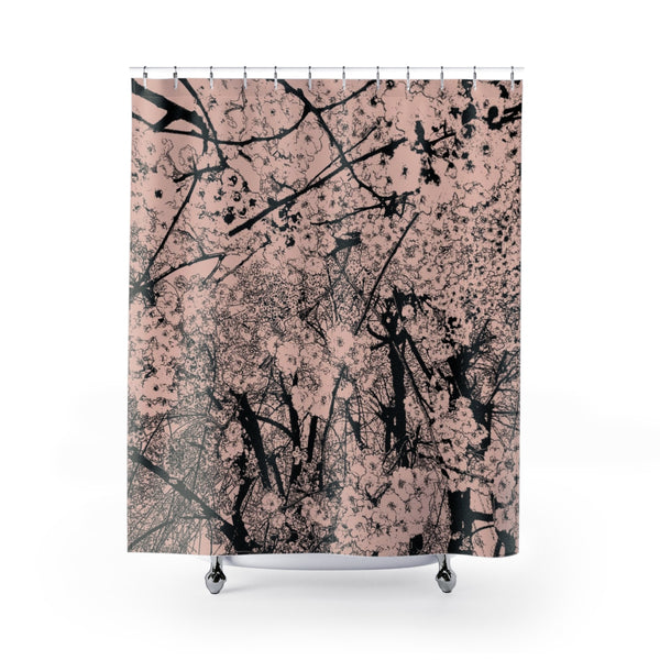 Tree in Bloom / Cherry Blossom Woodblock-Style Art Print in Soft Pink and Black Shower Curtain - Metro Shower Curtains