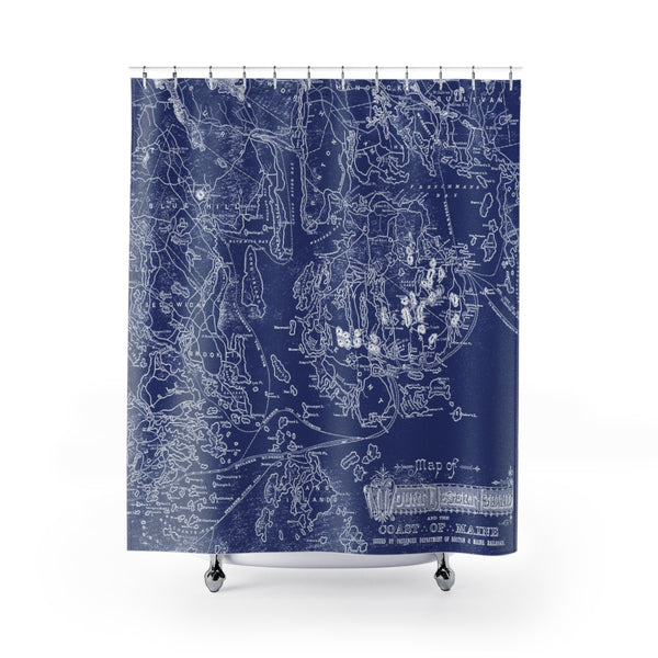 Blue & White Acadia National Park Vintage Maine Map Shower Curtain - Metro Shower Curtains