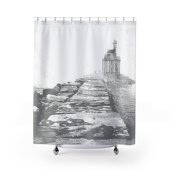 Foggy Coastal Gloucester Breakwater Gray and White Shower Curtain - Metro Shower Curtains