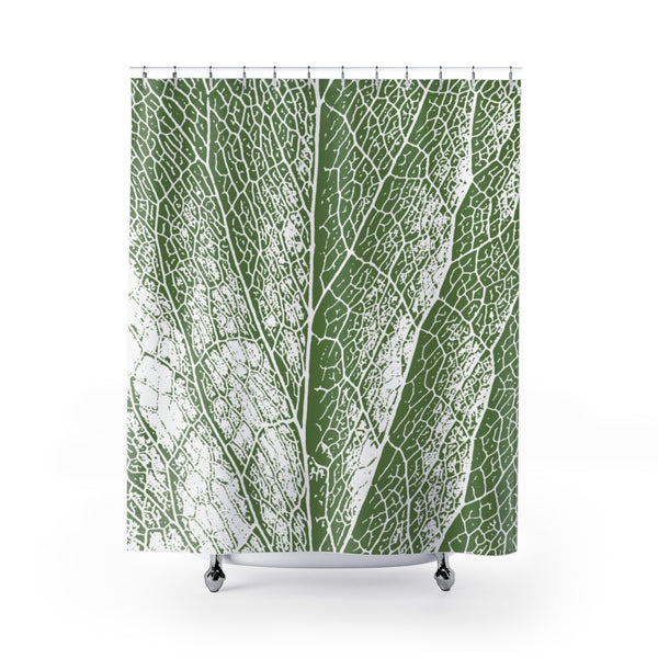 Dark Sage / Olive Green & White Leaf Detail Shower Curtain - Metro Shower Curtains