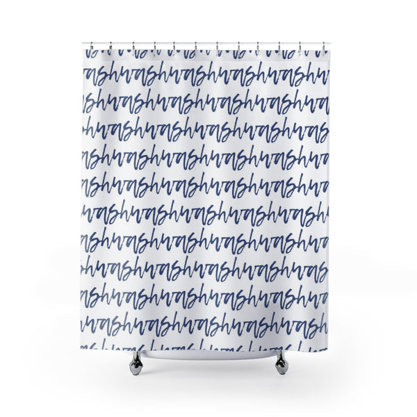 Blue and White "Wash" Cursive Text Stripes Shower Curtain - Metro Shower Curtains