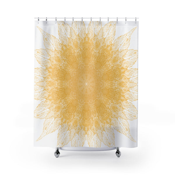 Yellow Leaves Mandala Print, Sunny Starburst Pattern Shower Curtain - Metro Shower Curtains