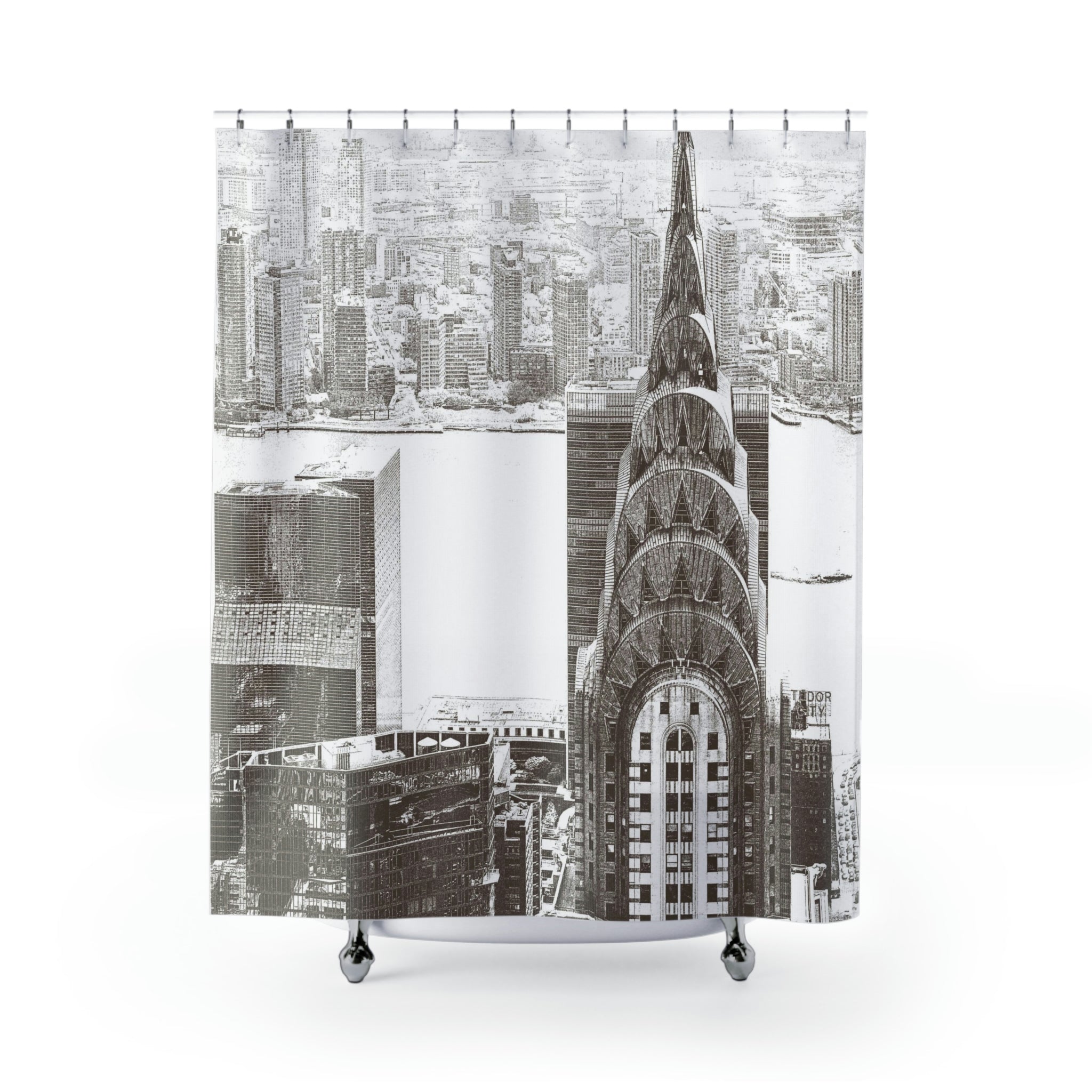 New York Skyline's Chysler Building Shower Curtain - Light Gray / Sepia Neutral Tone