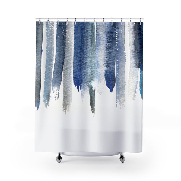 Deep Blue Watercolor Drops on White Abstract Contemporary Shower Curtain - Metro Shower Curtains