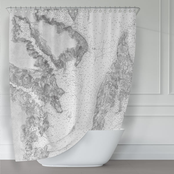 Map of Central Chesapeake Bay Shower Curtain - Gray and White - at Annapolis & Kent Island, Maryland