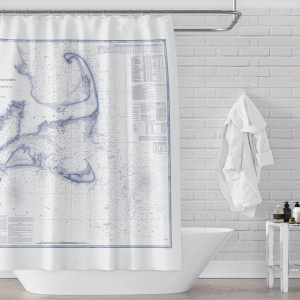Vintage Cape Cod, Martha's Vineyard, Nantucket and South Massachusetts Seacoast Map / Nautical Chart in Blue and White Fabric Shower Curtain - Metro Shower Curtains