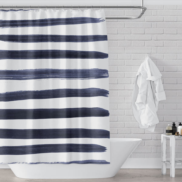 Navy Blue on White Minimalist Brush Stroke Stripes Shower Curtain