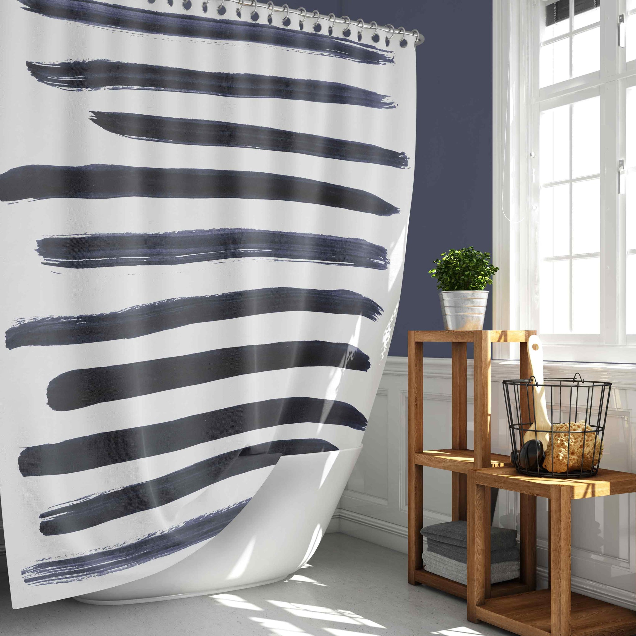 Navy Blue on White Minimalist Brush Stroke Stripes Shower Curtain