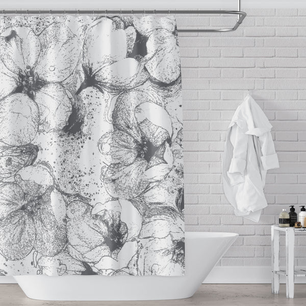 Apple Blossom Shower Curtain, Large-Scale, Gray Sketch Style - Metro Shower Curtains