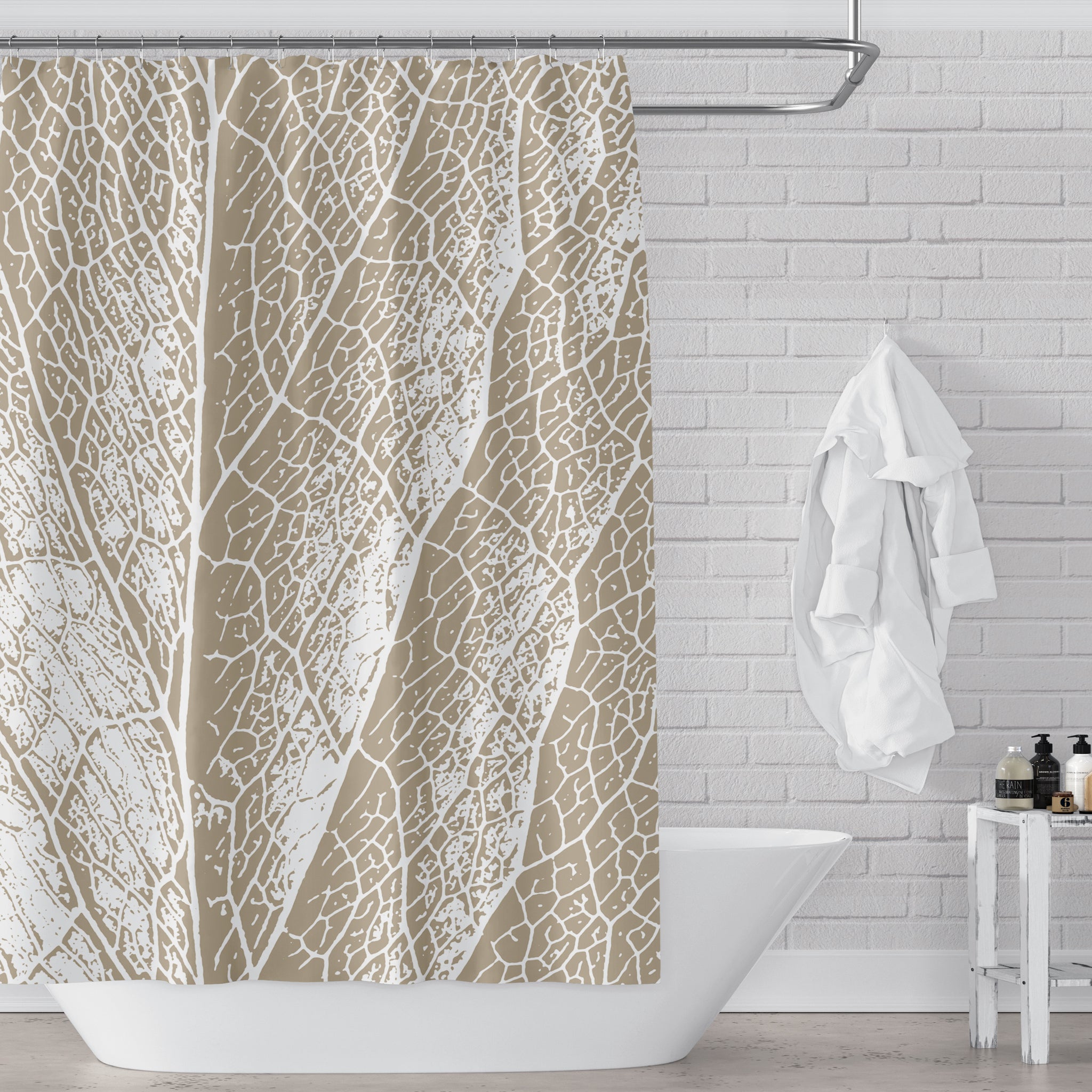 Neutral Tan Beige White Leaf Detail Art Print Fabric Shower Curtain Metro Shower Curtains