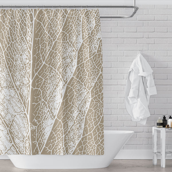 Neutral Tan / Beige & White Leaf Detail Shower Curtain - Metro Shower Curtains