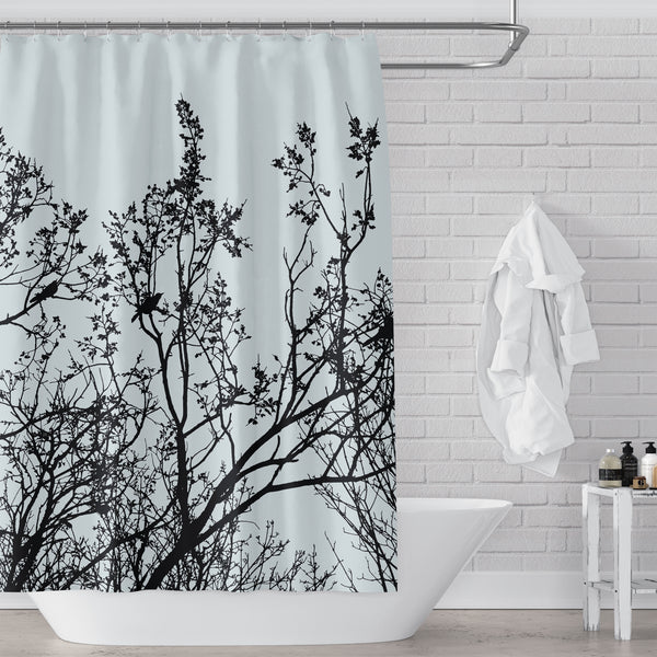 Birds in a Tree Shower Curtain - Black Silhouette on Gray / Sky Blue Background