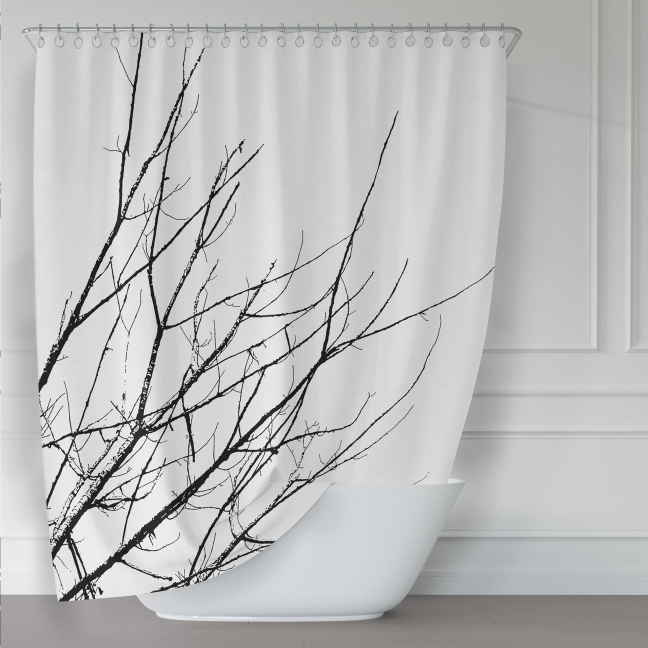 Minimalist Winter Branches Black and White Shower Curtain