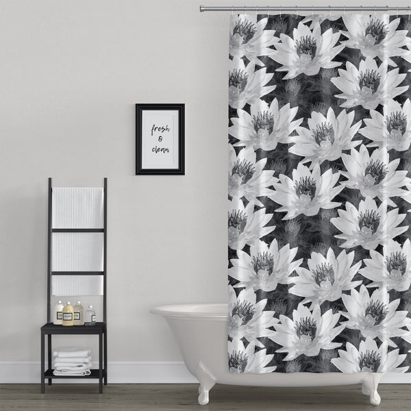 Lotus Flower Black and White Spa Design Shower Curtain - Metro Shower Curtains