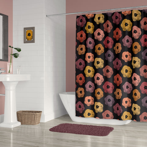 Floral Earth Tones: Poster-Style Tulips in Warm Shades of Orange and Red on Black Shower Curtain - Metro Shower Curtains