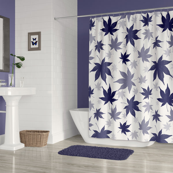 Navy Blue Maple Leaves on White Modern Botanical Print Fabric Shower Ciurtain - Metro Shower Curtains