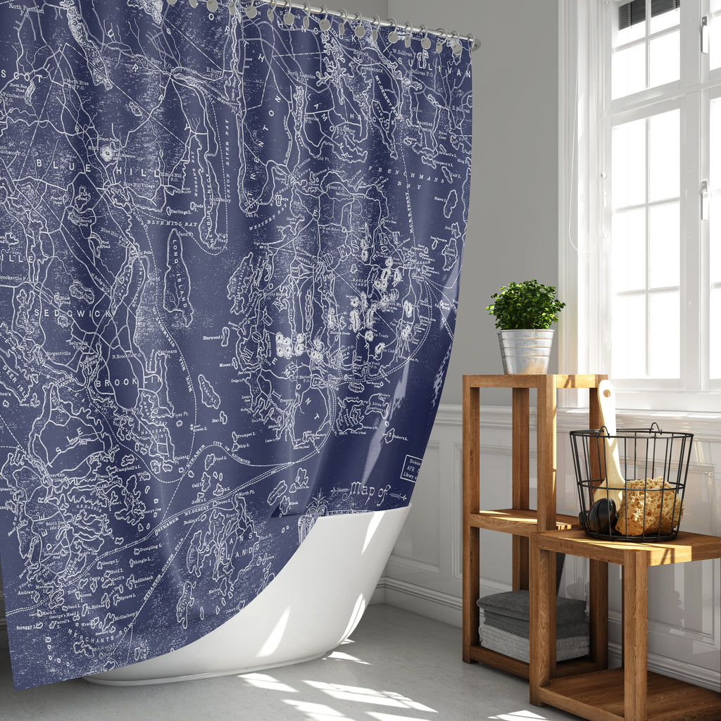 Blue White Acadia National Park Vintage Maine Map Shower Curtain Metro Curtains
