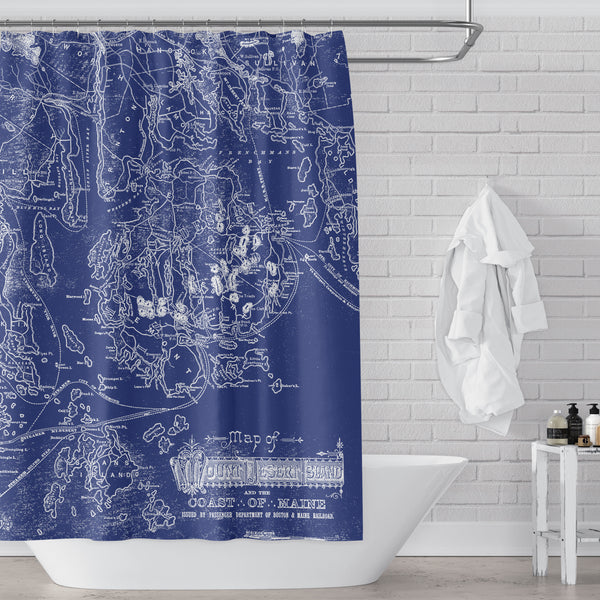 Blue & White Acadia National Park Vintage Maine Map Shower Curtain - Metro Shower Curtains