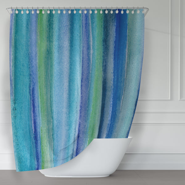 Underwater Blue Green Watercolor Reeds / Stripes Shower Curtain - Metro Shower Curtains