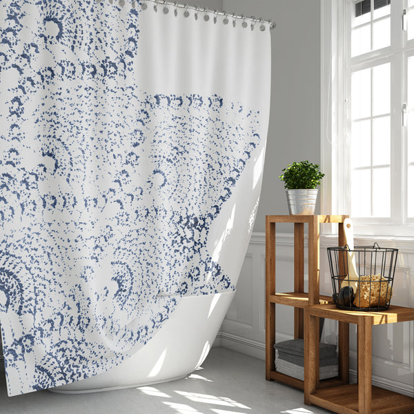 Navy Blue and White Lace Print Shower Curtain - Metro Shower Curtains