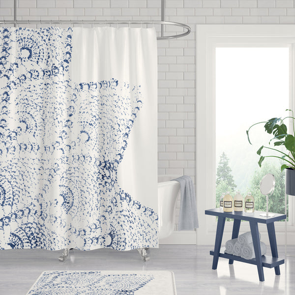 Navy Blue and White Lace Print Shower Curtain - Metro Shower Curtains