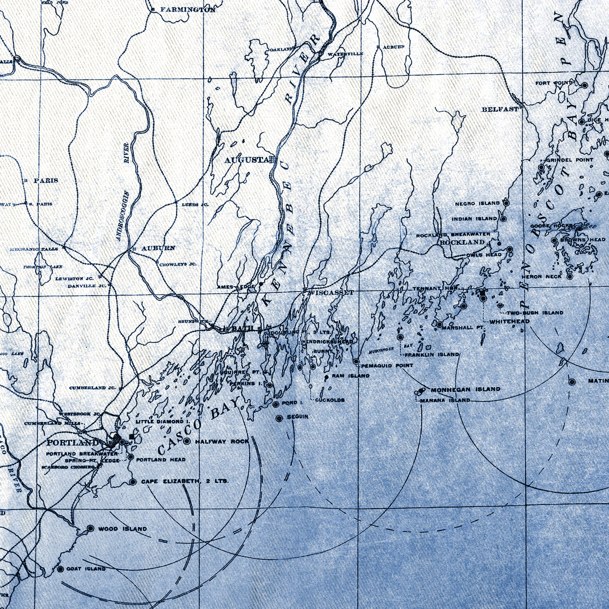 Blue&me Map Vintage Lighthouse Map of Coastal Maine Blue and White Shower Curtain ...