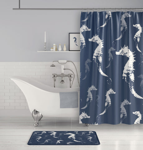 Seahorse Shower Curtain - Slate Blue Gray and White for Beach or Boys Bathroom - Metro Shower Curtains