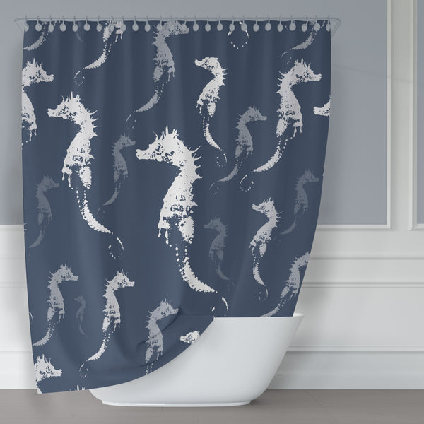 Seahorse Shower Curtain - Slate Blue Gray and White for Beach or Boys Bathroom - Metro Shower Curtains