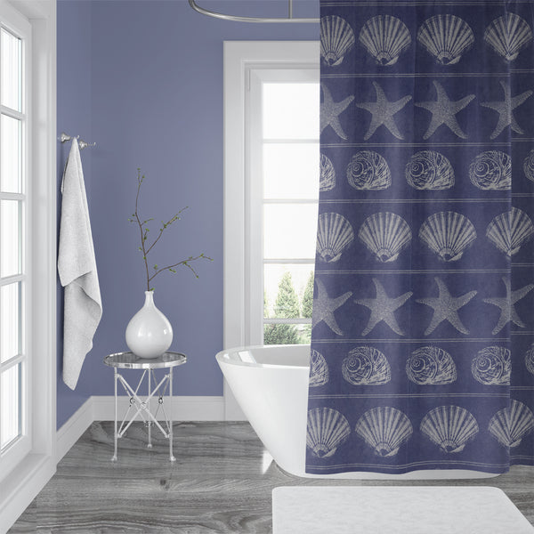 Periwinkle and Beige Shells Shower Curtain for Beach Bathroom - Metro Shower Curtains