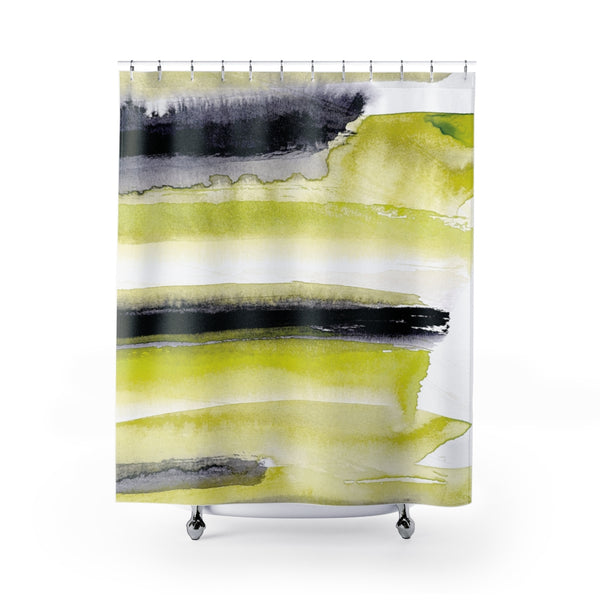Chartreuse, Black and White Watercolor Abstract Stripes Bold & Modern Shower Curtain - Metro Shower Curtains