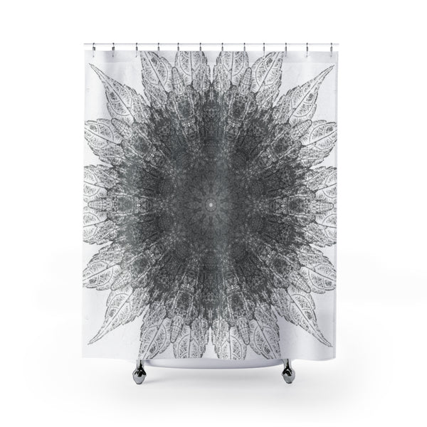 Charcoal Gray and White Spinning Leaves Mandala Shower Curtain