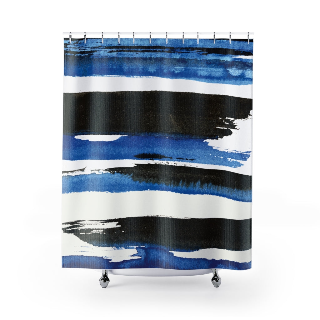 Bold Royal / Cobalt Blue and Black on White Giant Watercolor Stripes Fabric Shower Curtain