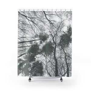 Forest Trees Canopy View Gray on White Silhouette Shower Curtain