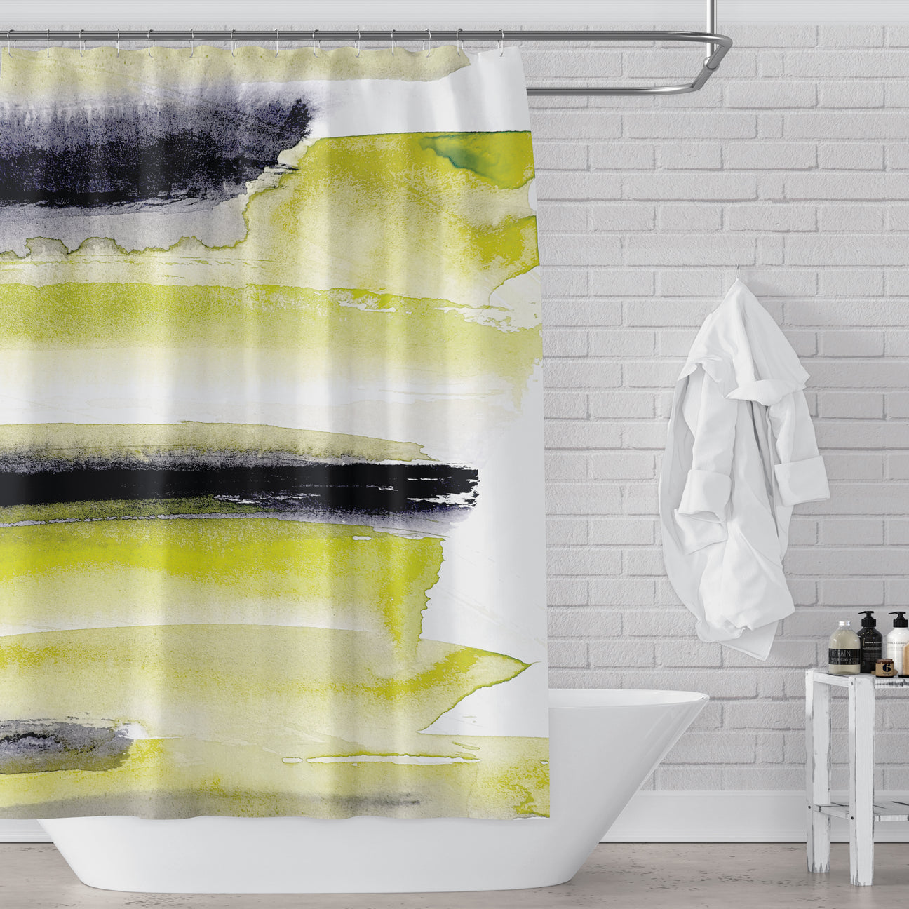 Chartreuse Black and White Watercolor Abstract Stripes Bold Modern Shower Curtain