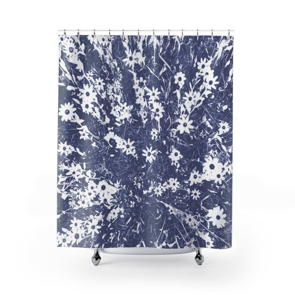 Navy Blue and White Daisy Wildflower Meadow Shower Curtain