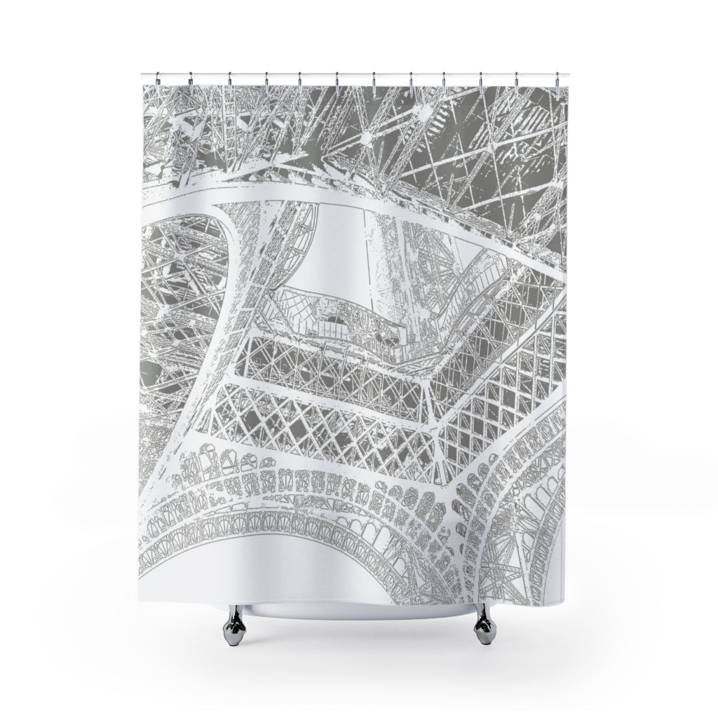 Eiffel Tower Detail - Gray on White Shower Curtain - Metro Shower Curtains