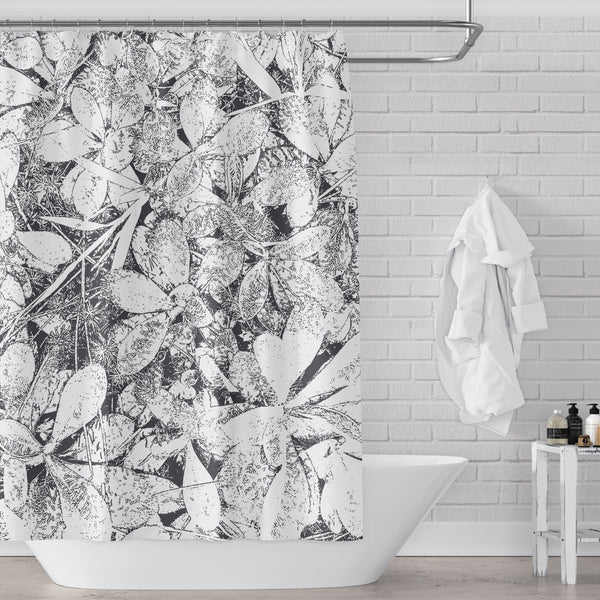 Woodland Carpet / Black and White Leaves, Large Scale  Contemporary Photo Art Shower Curtain - Metro Shower Curtains
