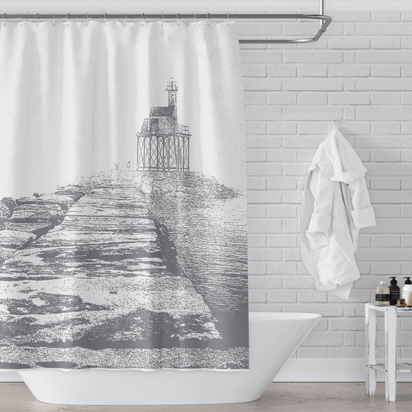 Foggy Coastal Gloucester Breakwater Gray and White Shower Curtain - Metro Shower Curtains