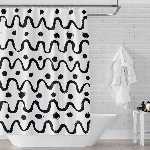 Black on White Scandi Large-Scale Loose Dots & Squiggles Mod Print Shower Curtain - Metro Shower Curtains