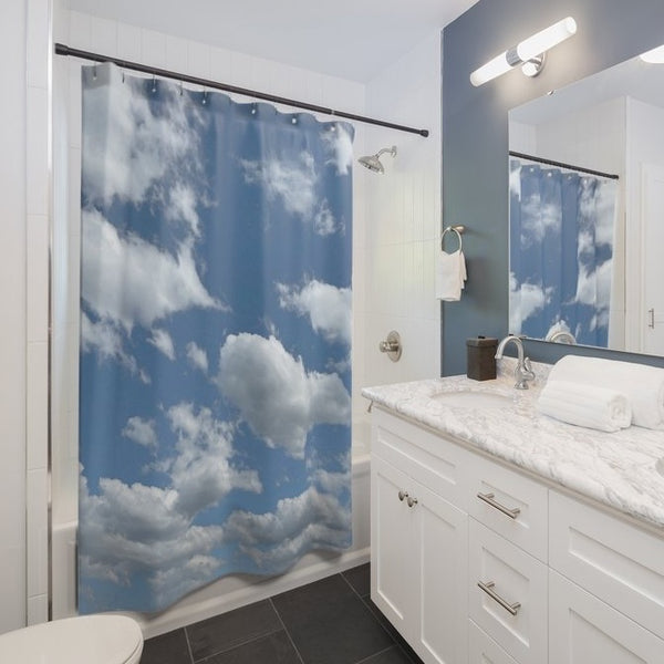 Clouds on a Summer Day Blue and White Fabric Shower Curtain - Metro Shower Curtains