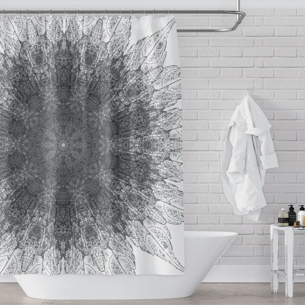 Charcoal Gray and White Spinning Leaves Mandala Shower Curtain