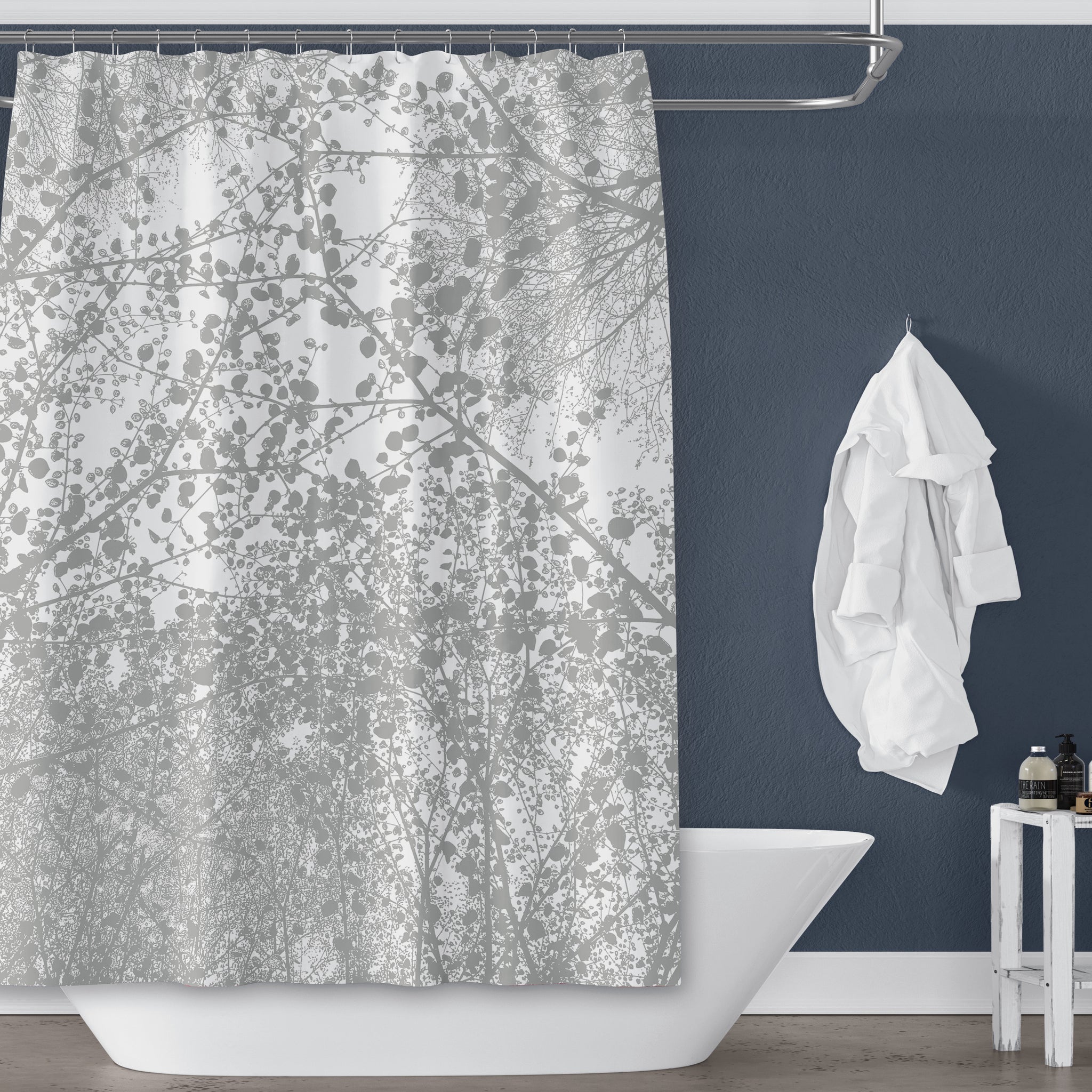 Spring Trees Overhead Silhouette, Gray on White Shower Curtain - Metro Shower Curtains