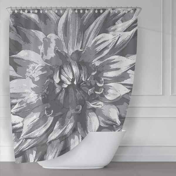 Gray / Black Dahlia Giant Flower Shower Curtain - Metro Shower Curtains